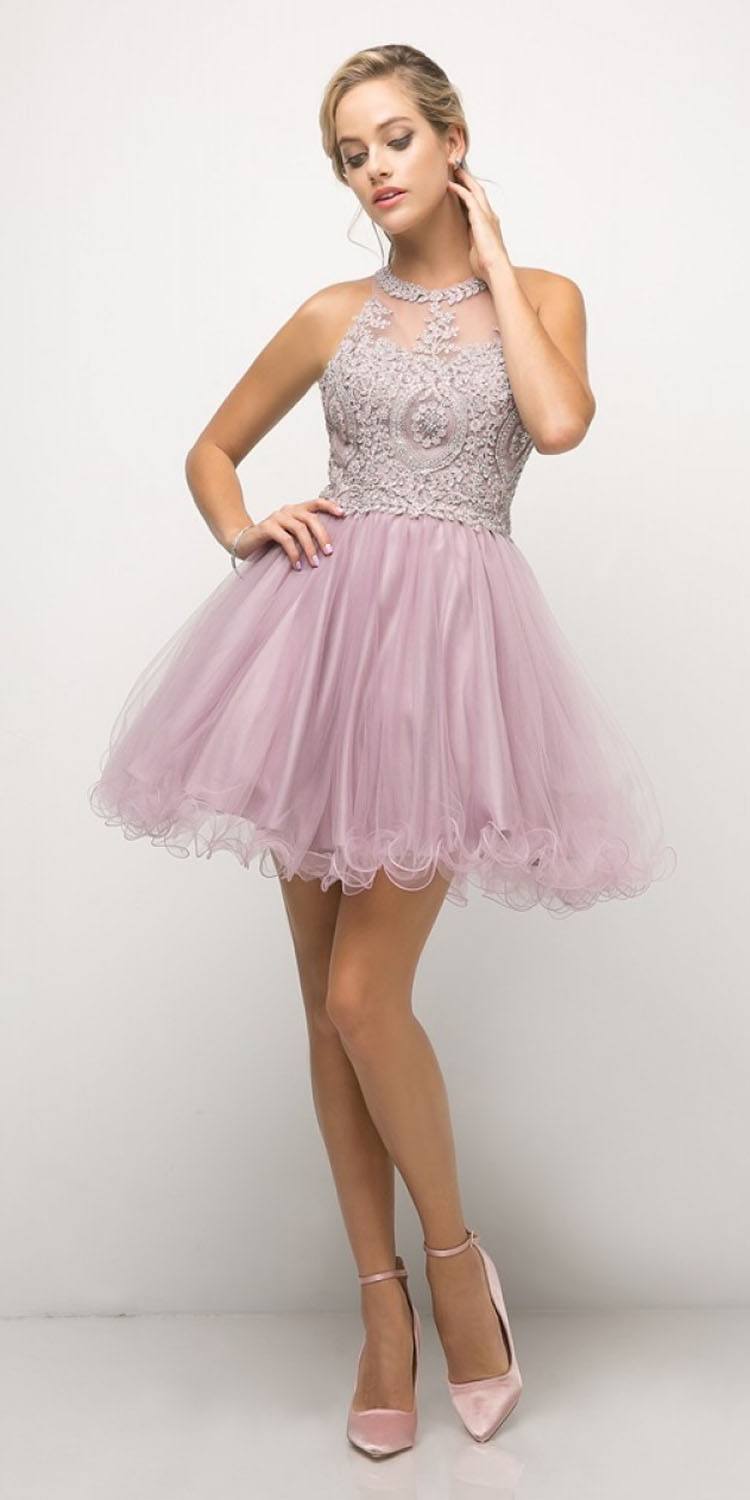 Ladivine UJ0119 Short Appliqued Bodice Halter Tulle Skirt Dress