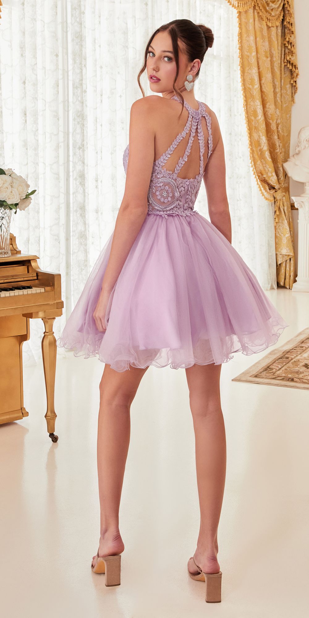 Ladivine UJ0119 Short Appliqued Bodice Halter Tulle Skirt Dress