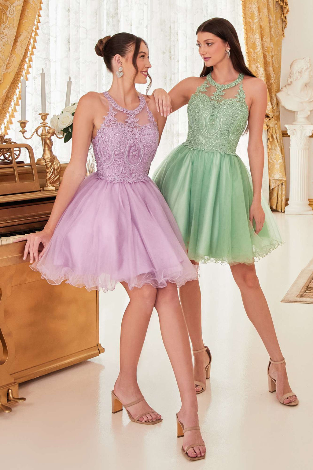 Ladivine UJ0119 Short Appliqued Bodice Halter Tulle Skirt Dress