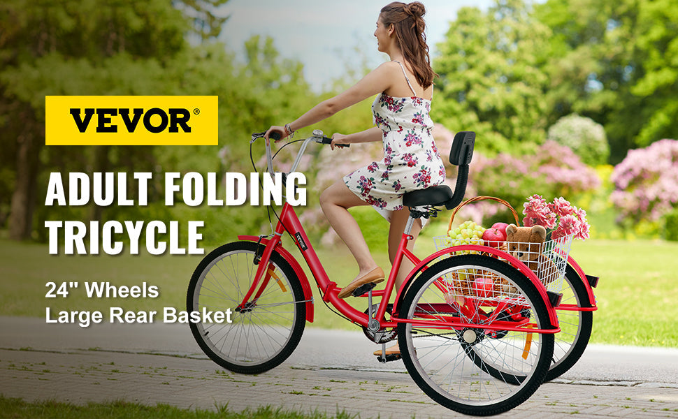 VEVOR Foldable Adult Tricycle 24'' 1 Speed Red White Green Blue 3-Wheel Folding Bike with Shopping Basket