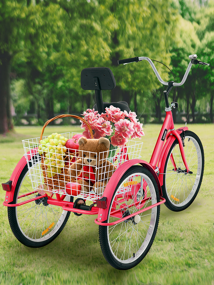VEVOR Foldable Adult Tricycle 24'' 1 Speed Red White Green Blue 3-Wheel Folding Bike with Shopping Basket