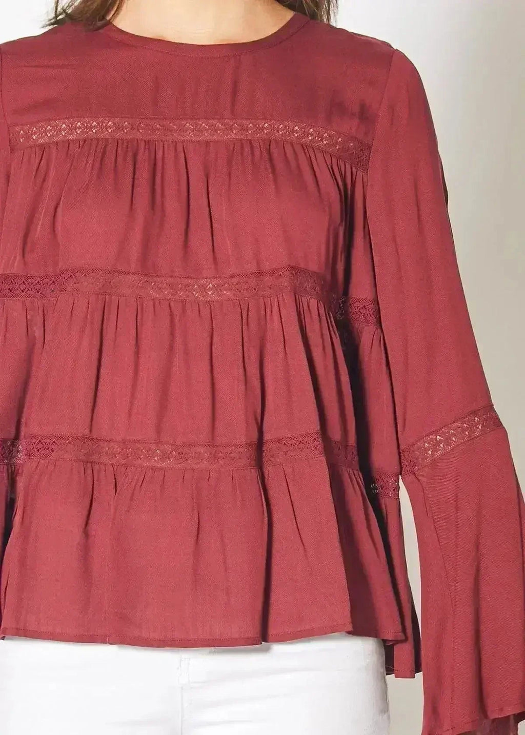 Bell Sleeve Tiered Blouse – Red Cordovan Polyester Women Top