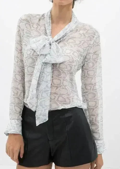 Tie Neck Sheer Blouse In Ivory Silver | FEMSTYLO
