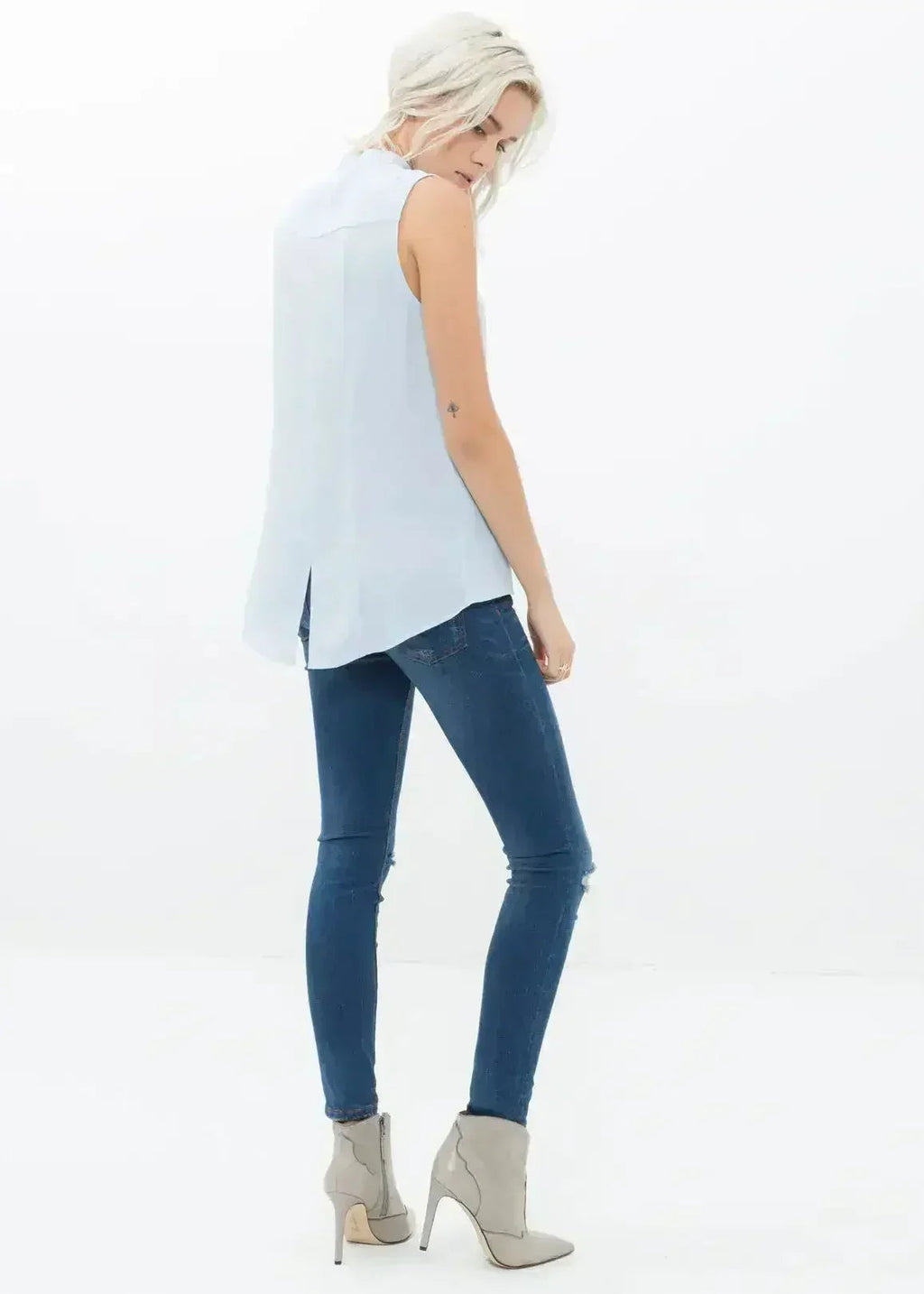 Women's Stand Collar Sleeveless Blouse In Cloud Blue | Femstylo