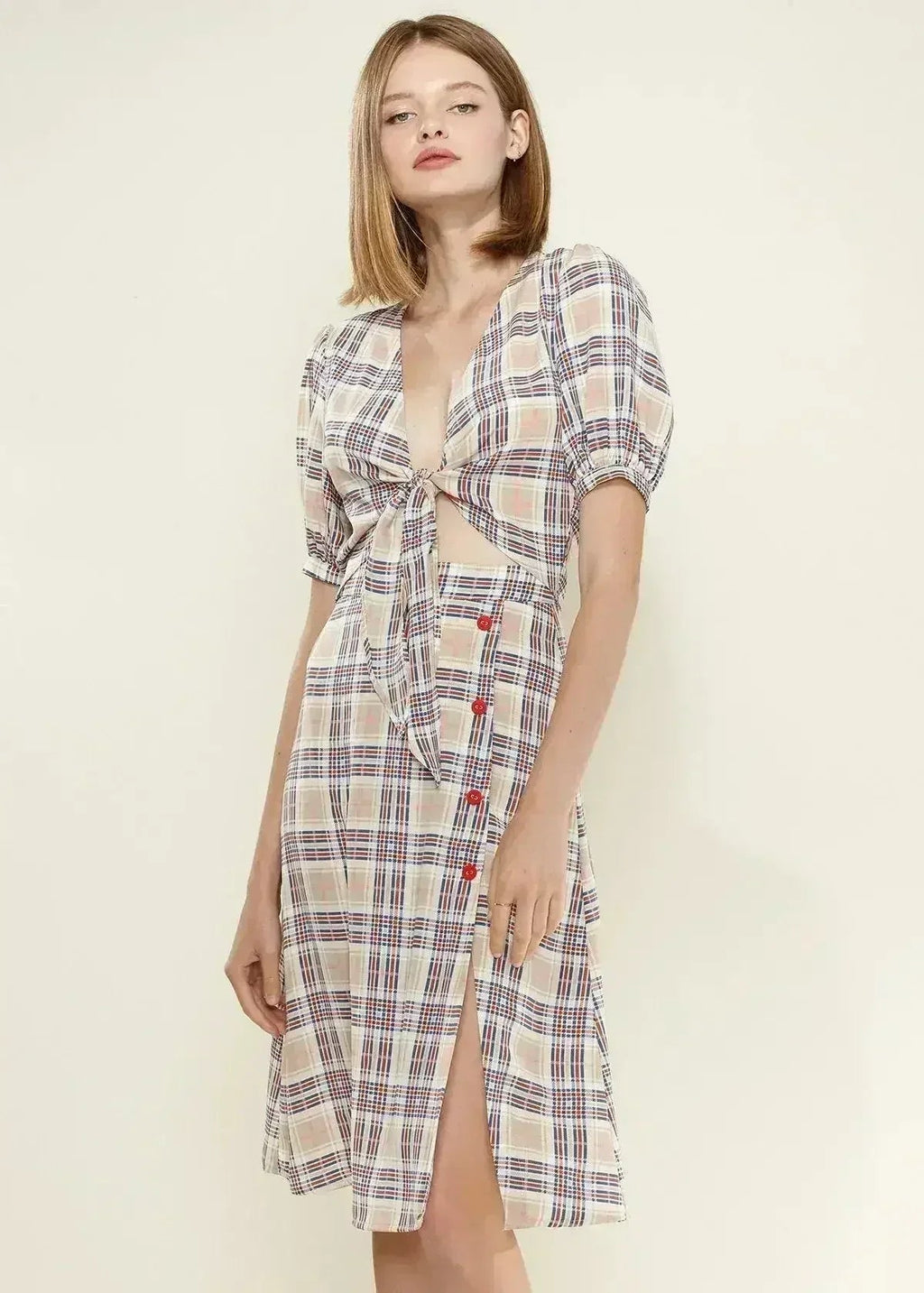 Women's Multi Check Tie Hem Blouse in Multiplaid | Femstylo