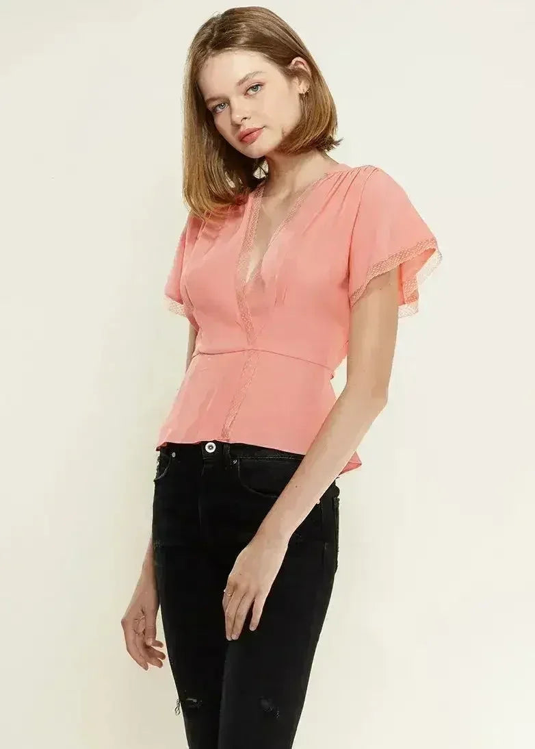 Women's Lace Trim Cape Sleeve Wrap Blouse in Coral | Femstylo