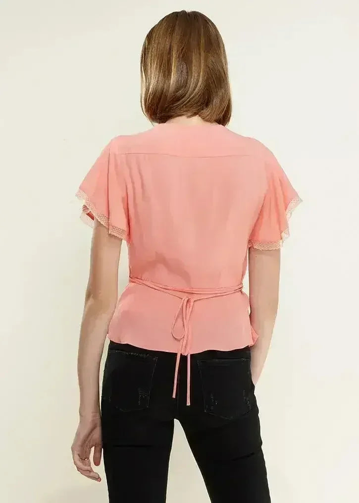 Women's Lace Trim Cape Sleeve Wrap Blouse in Coral | Femstylo