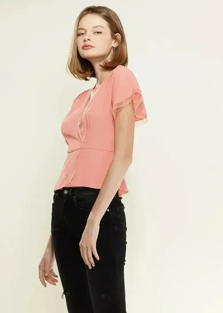 Women's Lace Trim Cape Sleeve Wrap Blouse in Coral | Femstylo