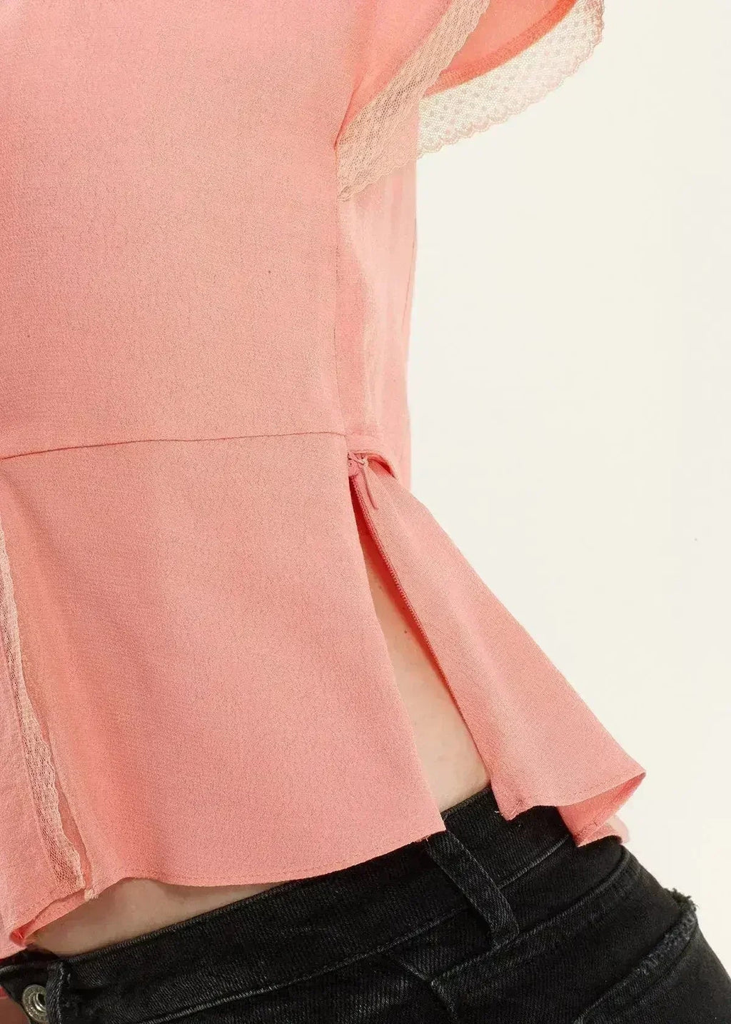Women's Lace Trim Cape Sleeve Wrap Blouse in Coral | Femstylo