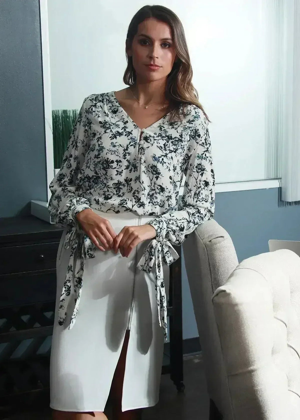 Ivory Floral V-neck Tie Cuff  In Garden Blouse | Femstylo