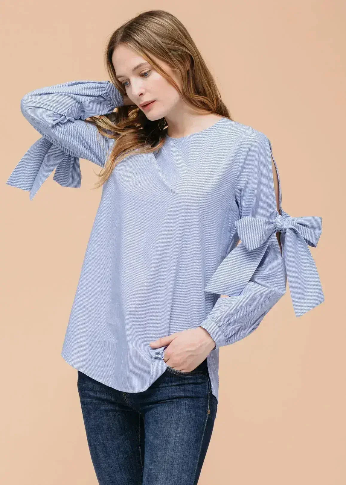 Women's Tie Sleeve Poplin Crewneck Blouse | Femstylo
