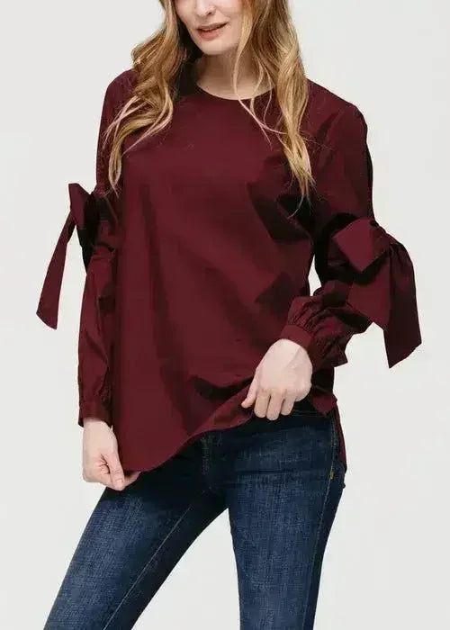 Women's Tie Sleeve Poplin Crewneck Blouse | Femstylo