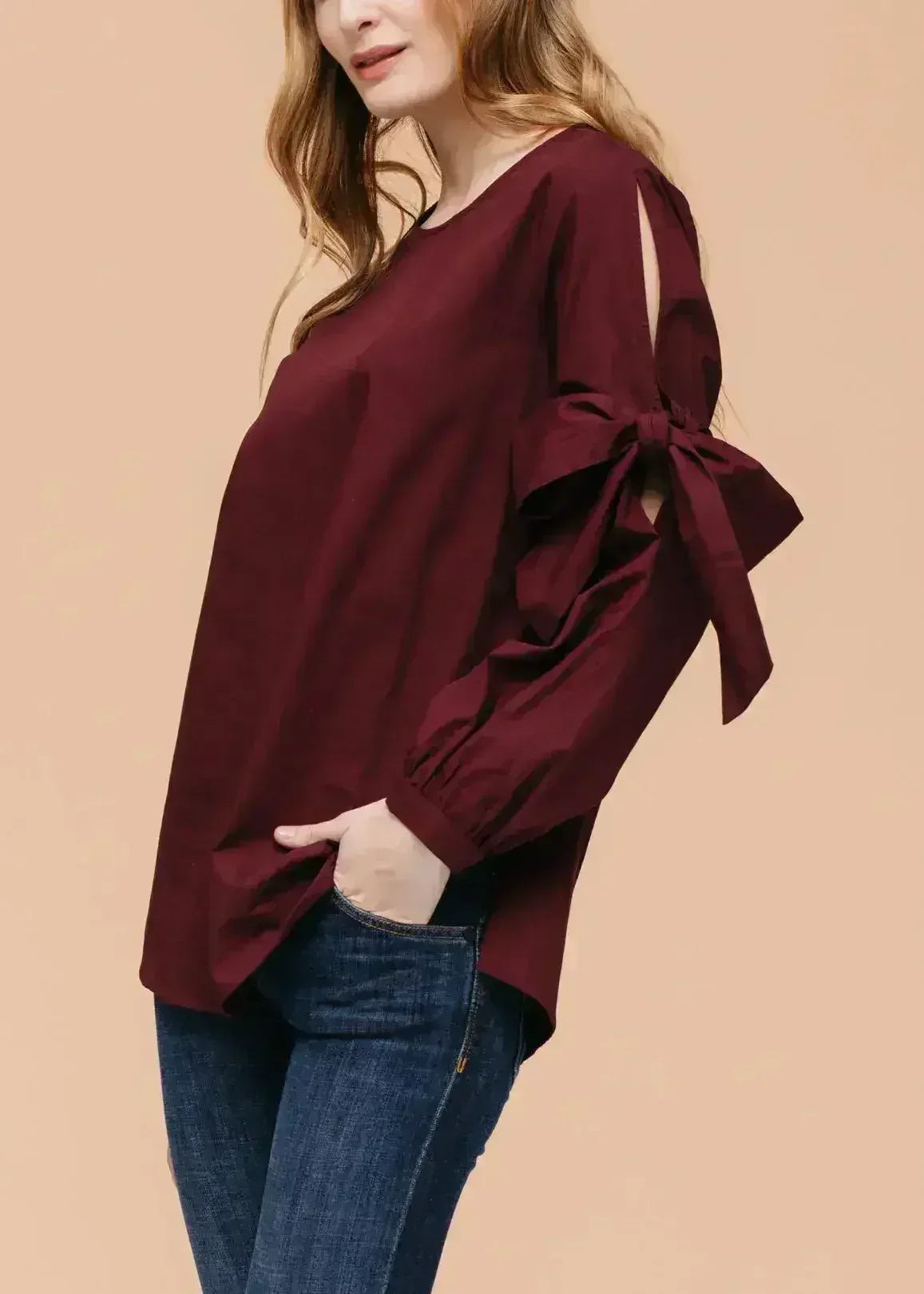Women's Tie Sleeve Poplin Crewneck Blouse | Femstylo