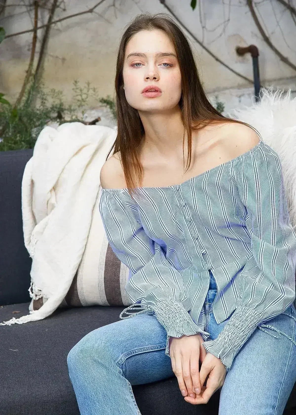 Smocked Cuff Button Front Peplum Blouse in Blue | Femstylo