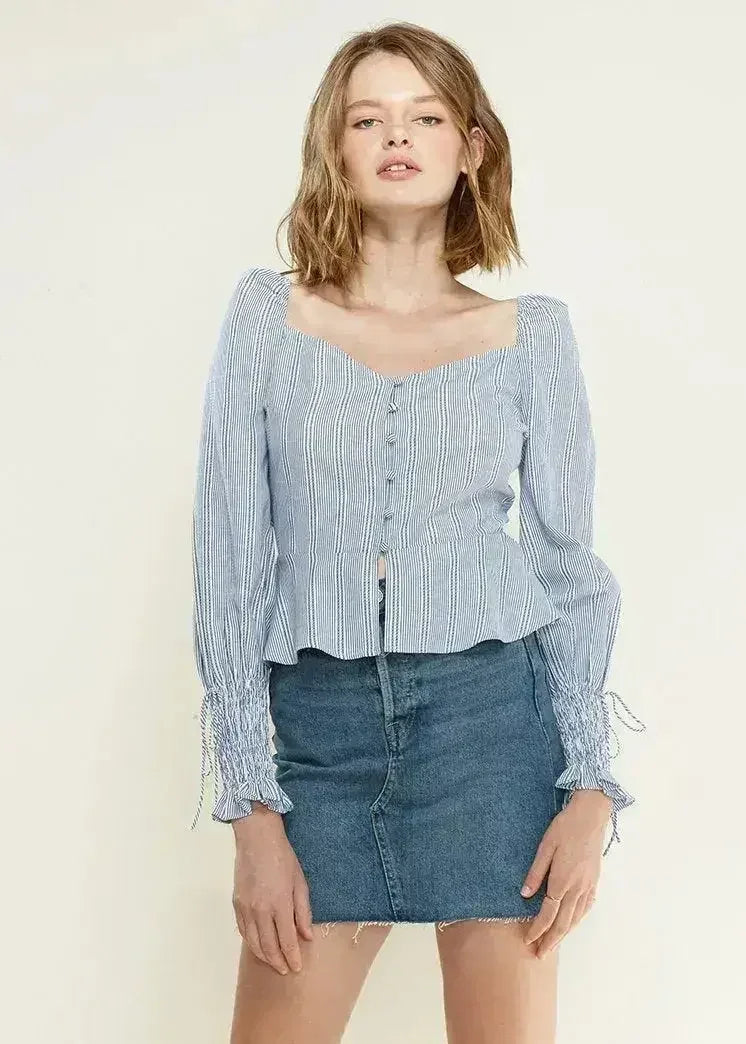 Smocked Cuff Button Front Peplum Blouse in Blue | Femstylo