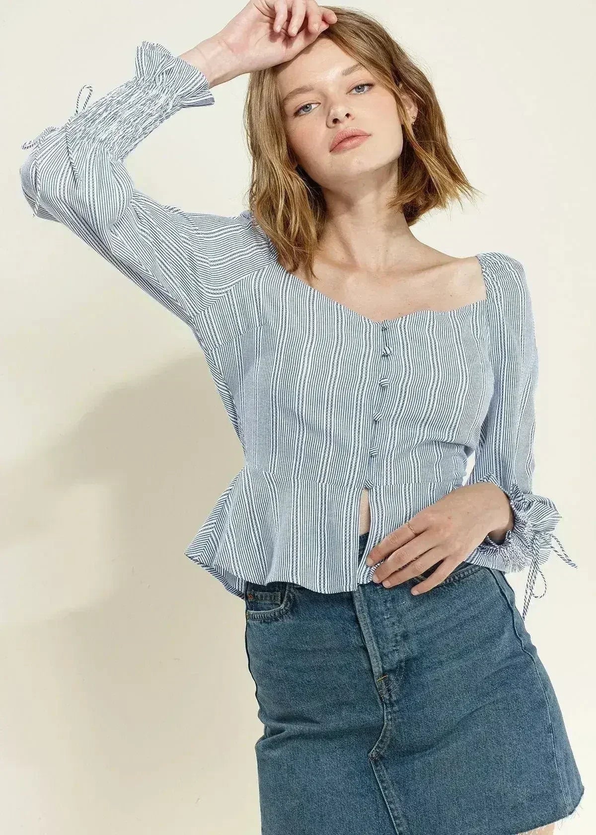 Smocked Cuff Button Front Peplum Blouse in Blue | Femstylo