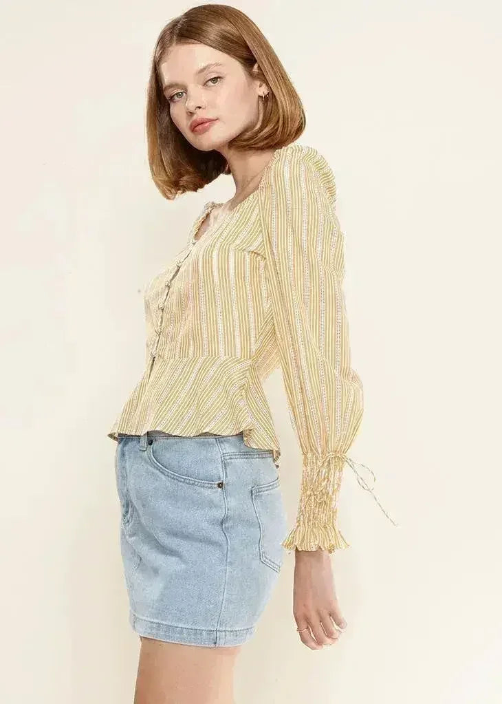 Smocked Cuff Button Front Peplum Blouse in Yellow | Femstylo