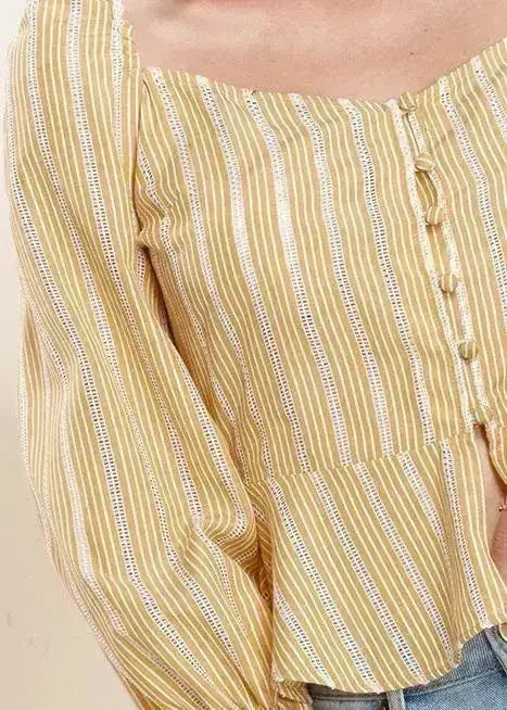 Smocked Cuff Button Front Peplum Blouse in Yellow | Femstylo