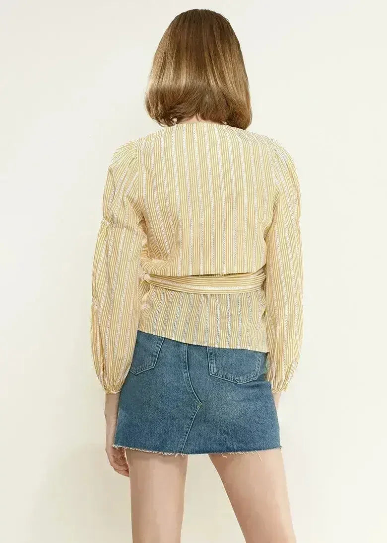 Smocked Sleeve Stripe Wrap V-Neck Blouse in Yellow | Femstylo