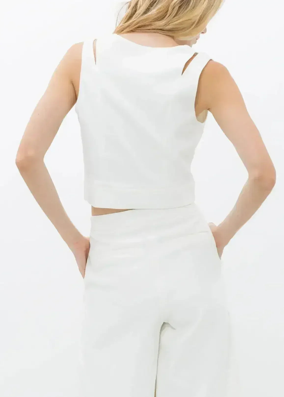 White V-Neck Sleeveless Crop Top - Keyhole & Zipper Detail