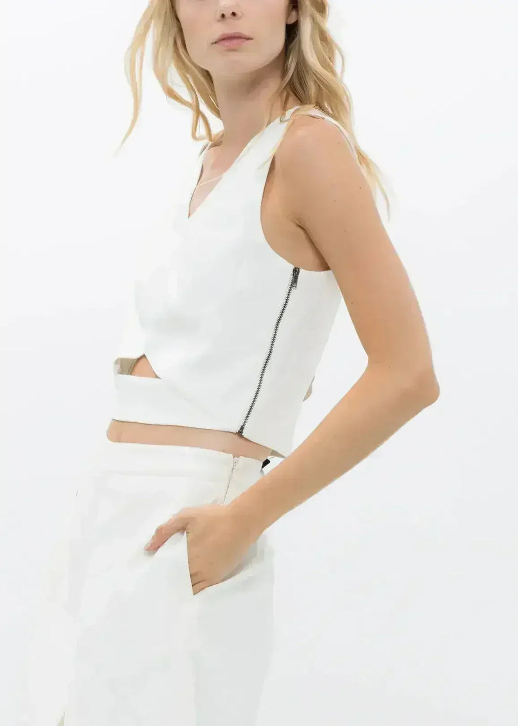 White V-Neck Sleeveless Crop Top - Keyhole & Zipper Detail