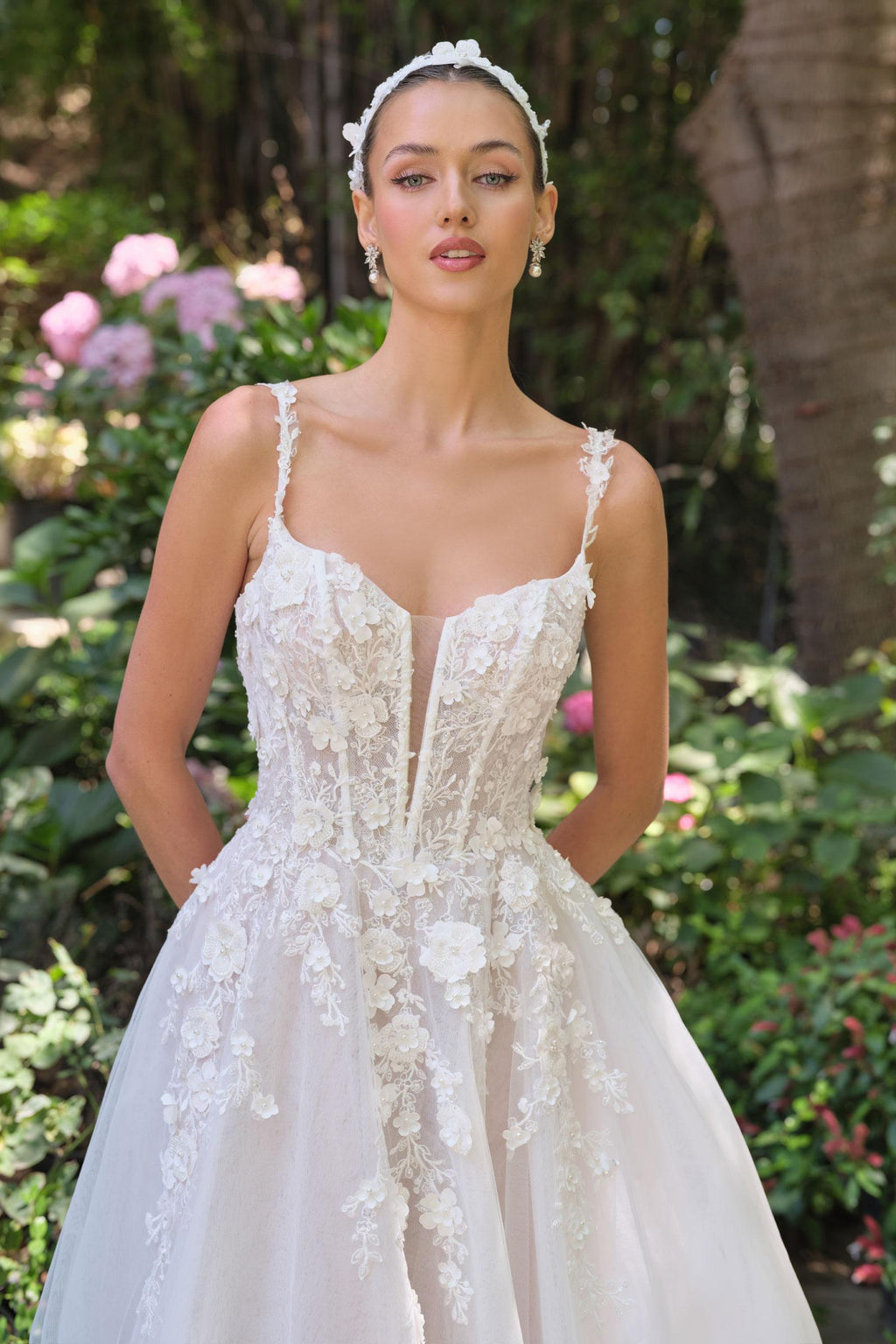 Andrea & Leo WL063 A-Line Wedding Gown Plunging Neckline Floral Straps