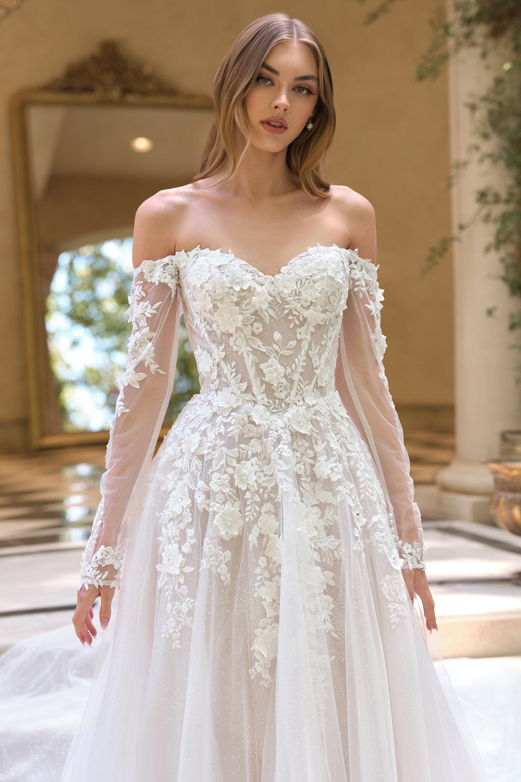Andrea & Leo WL067 Off the Shoulder Sheer Illusion Sleeves Wedding Ball Gown