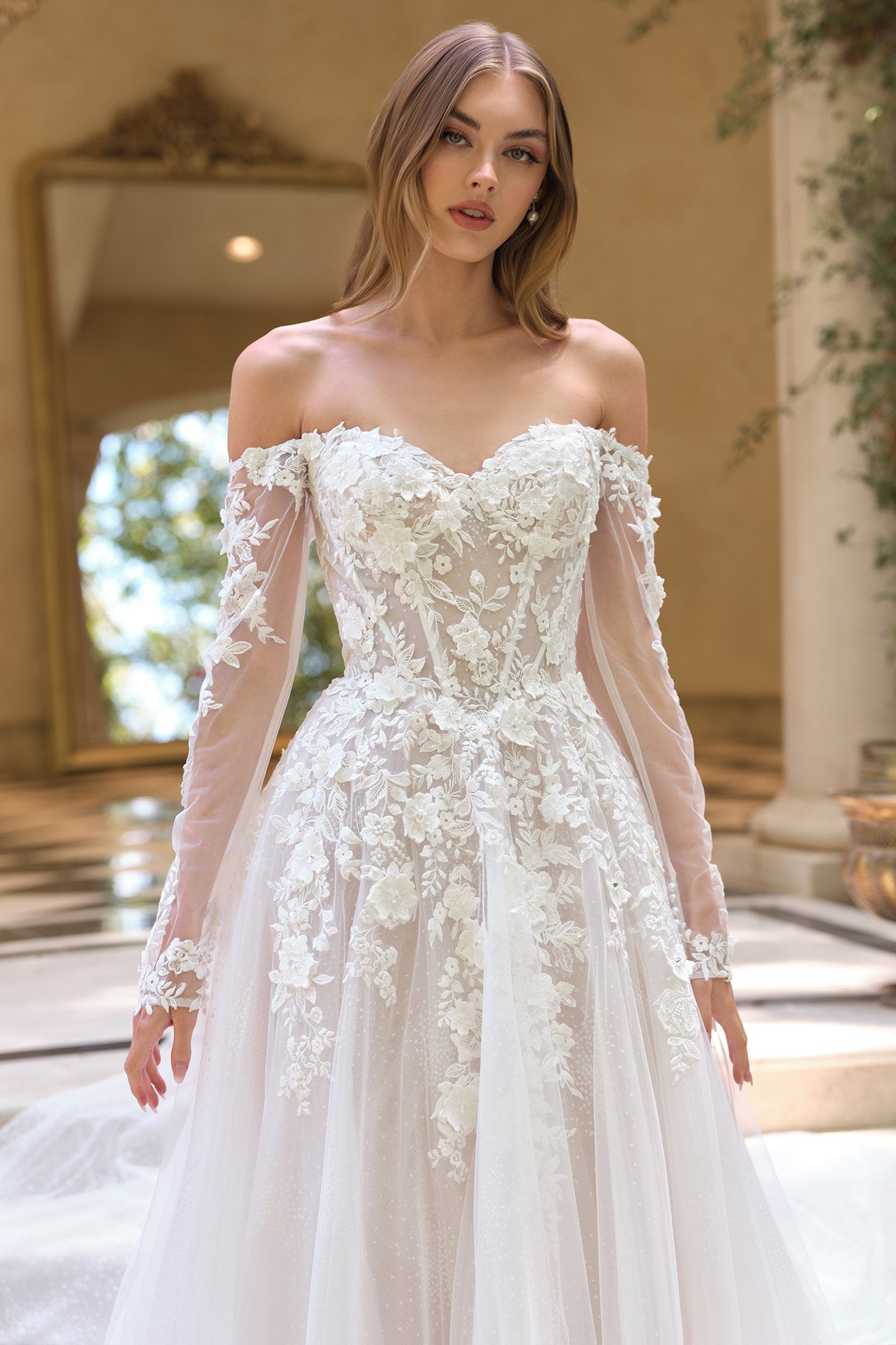 Andrea & Leo WL067 Off the Shoulder Sheer Illusion Sleeves Wedding Ball Gown