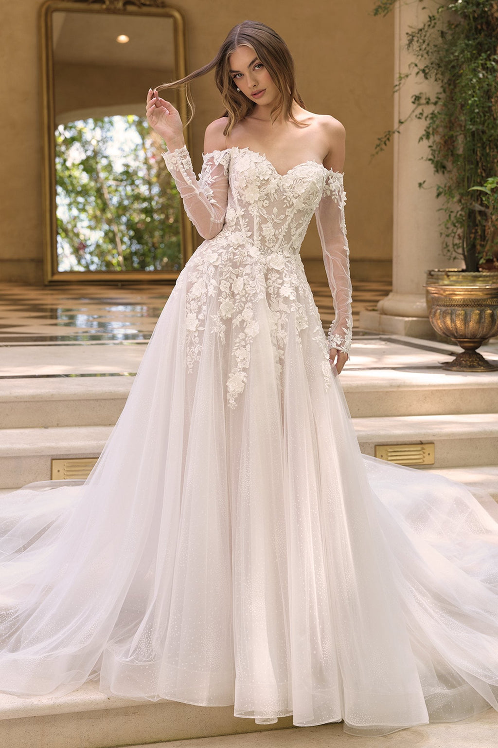 Andrea & Leo WL067 Off the Shoulder Sheer Illusion Sleeves Wedding Ball Gown