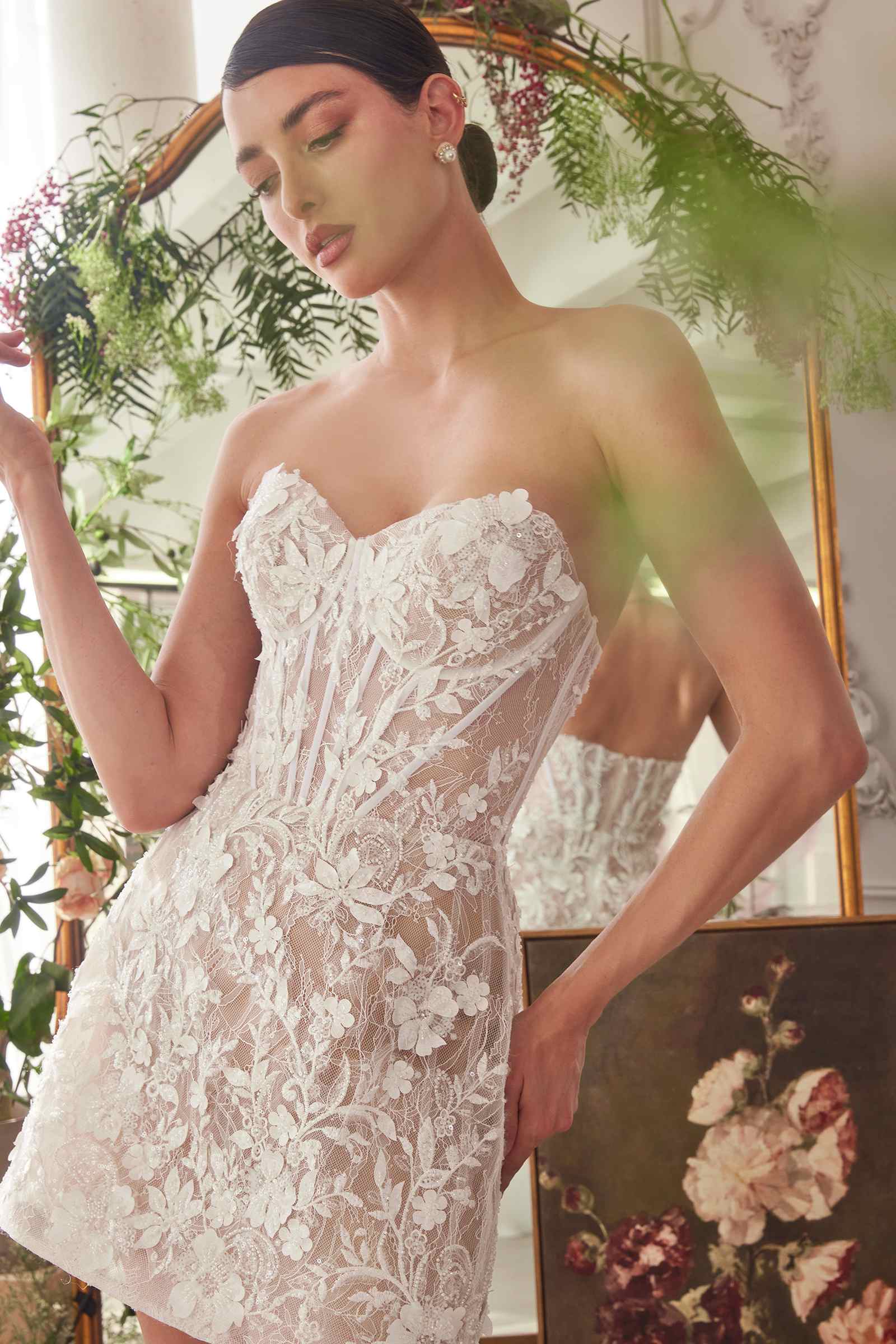 Andrea & Leo WL084 Strapless Short Lace Midi Wedding Dress
