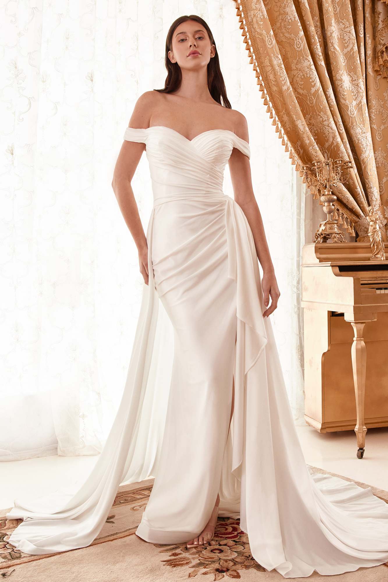 Ladivine WN315 Long Draped Off The Shoulder Bridal Gown With Overskirt