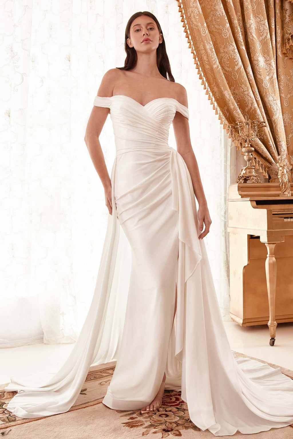 CLEARANCE - Ladivine WN315 Long Draped Off The Shoulder Bridal Gown With Overskirt (Size 10)