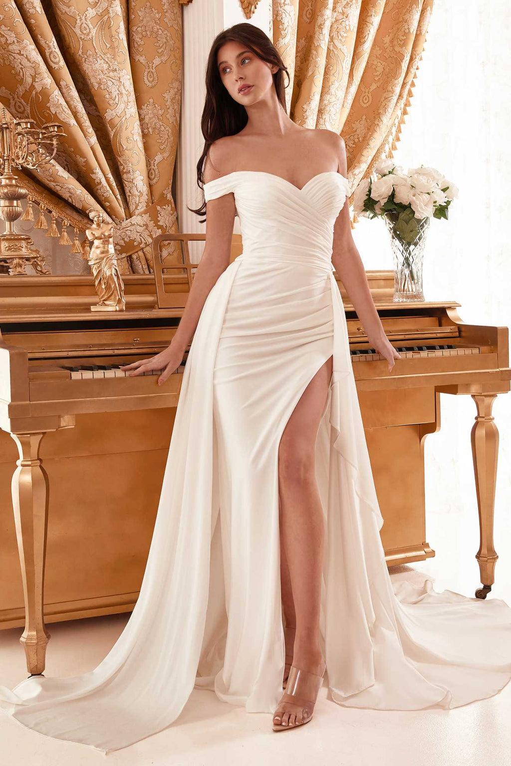 CLEARANCE - Ladivine WN315 Long Draped Off The Shoulder Bridal Gown With Overskirt (Size 10)