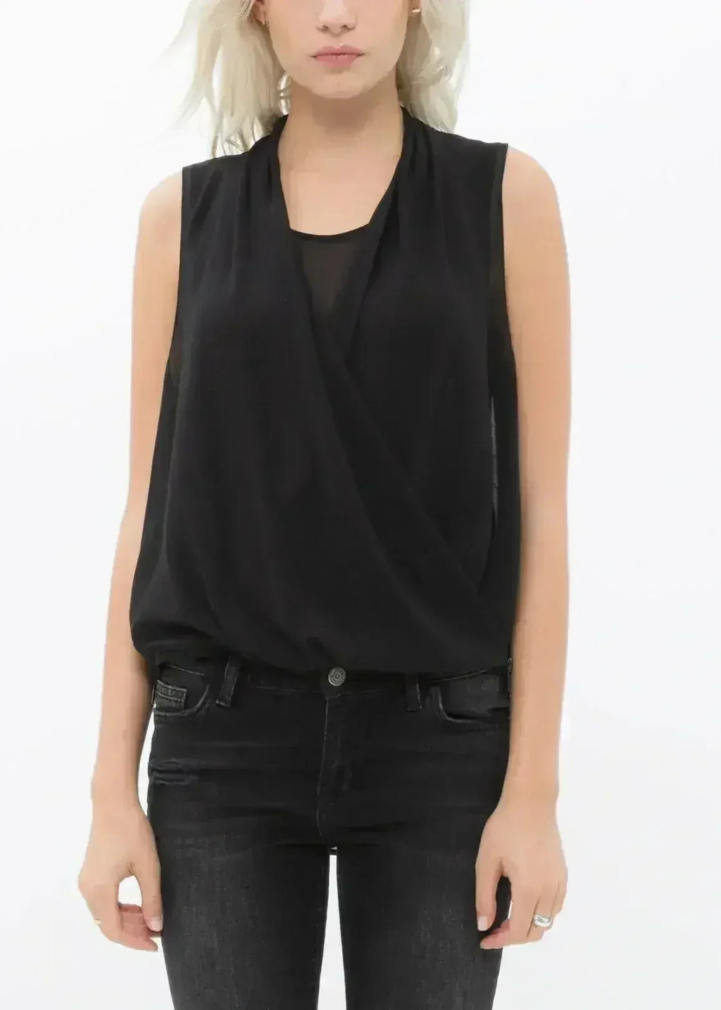 Women's Surplice Sleeveless Blouse In Black | Femstylo