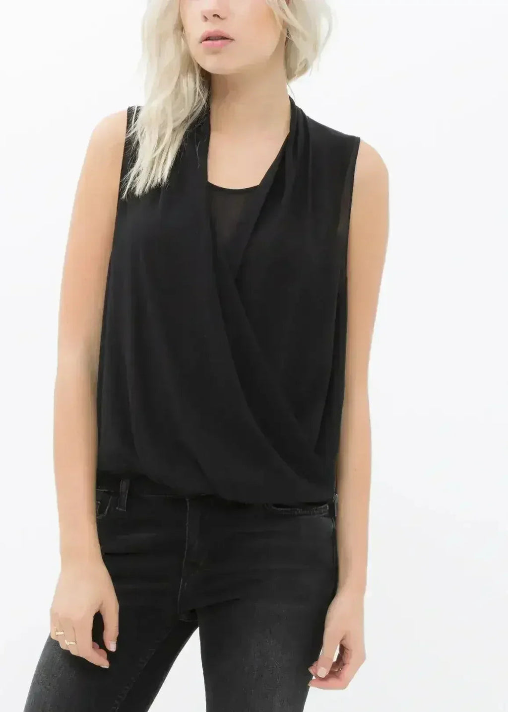 Women's Surplice Sleeveless Blouse In Black | Femstylo
