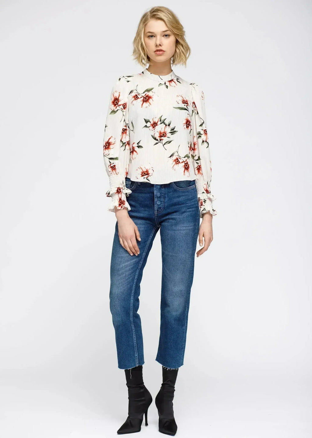 Women's Rust Flower Mockneck Smocked Sleeve Blouse | Femstylo