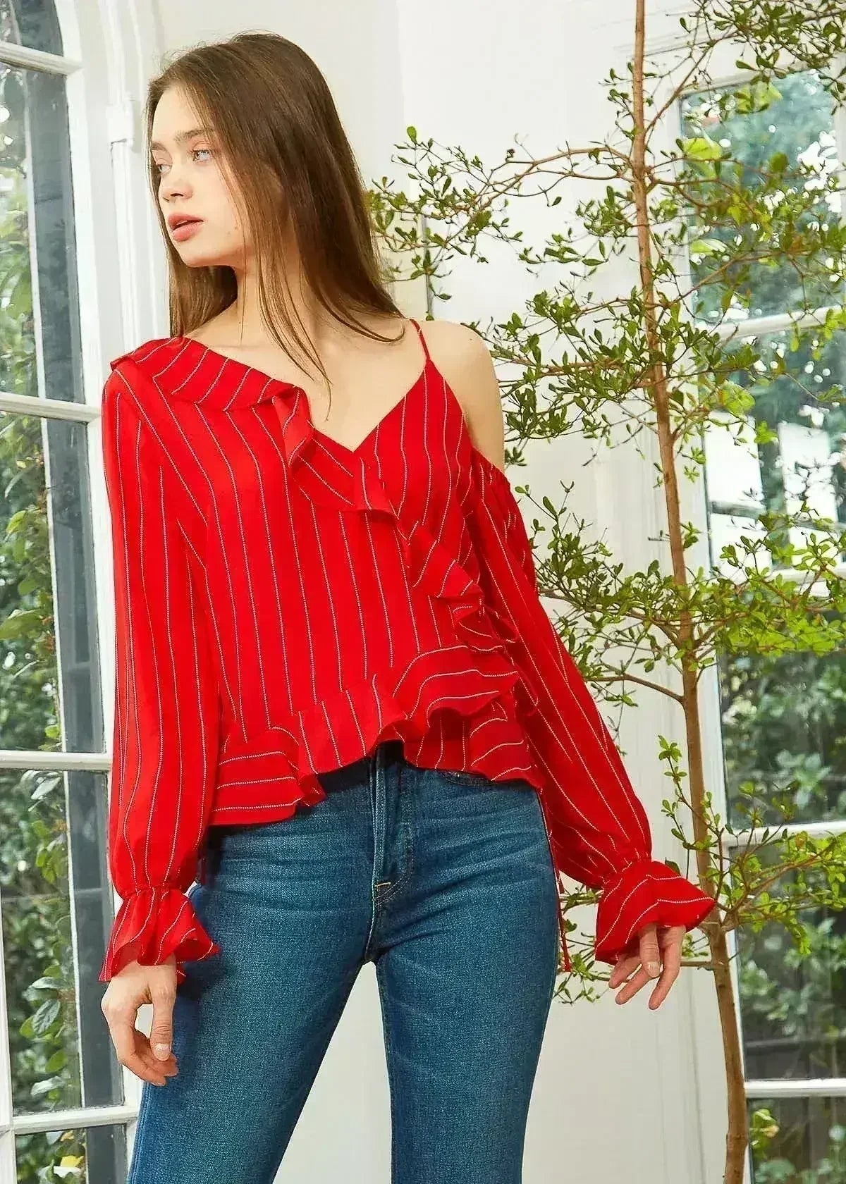 Women's Asymmetrical Shoulder Ruffle Blouse in Red | Femstylo