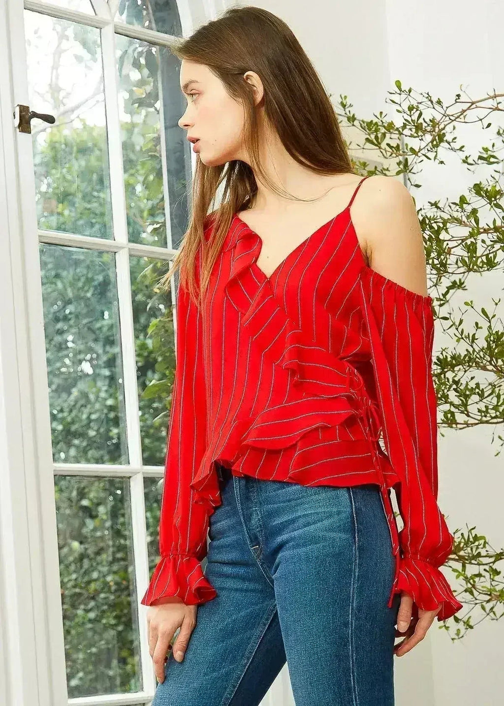 Women's Asymmetrical Shoulder Ruffle Blouse in Red | Femstylo