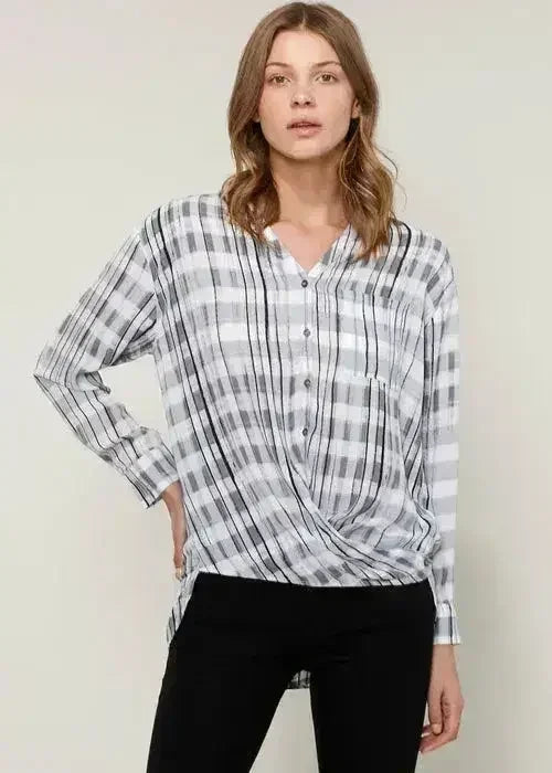 Printed Wrap Hem Checked Blouse | Femstylo