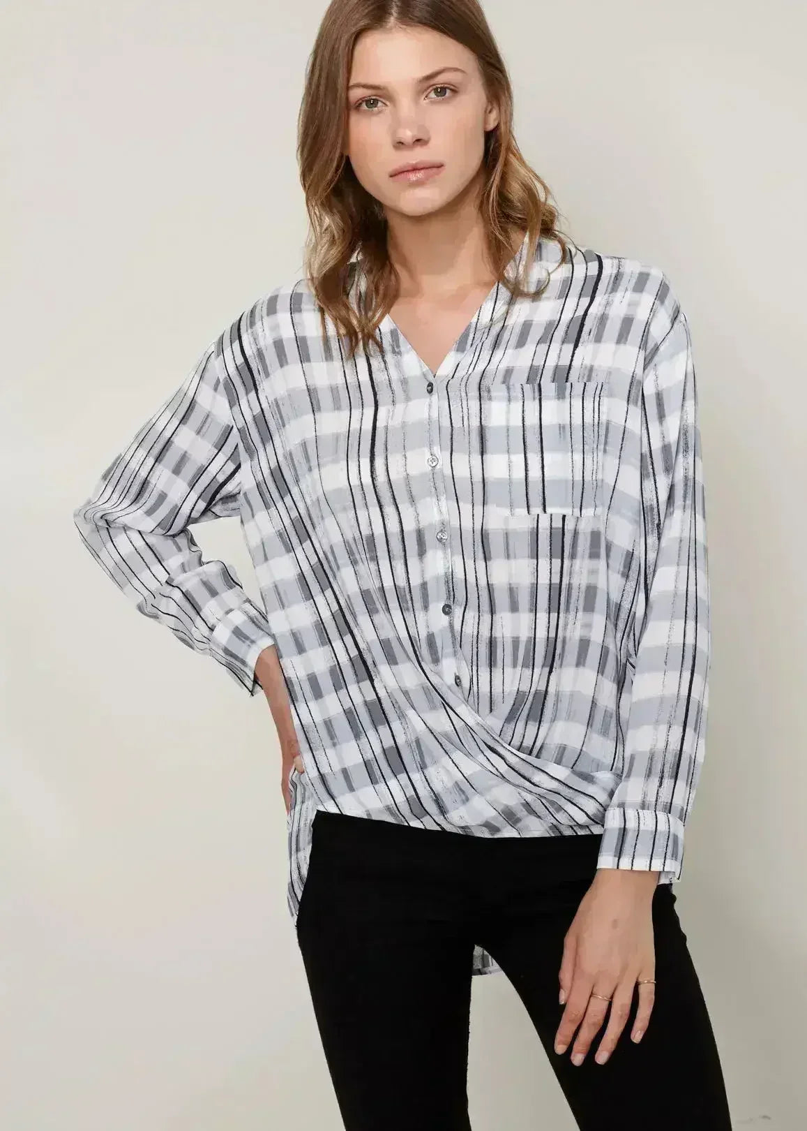 Printed Wrap Hem Checked Blouse | Femstylo