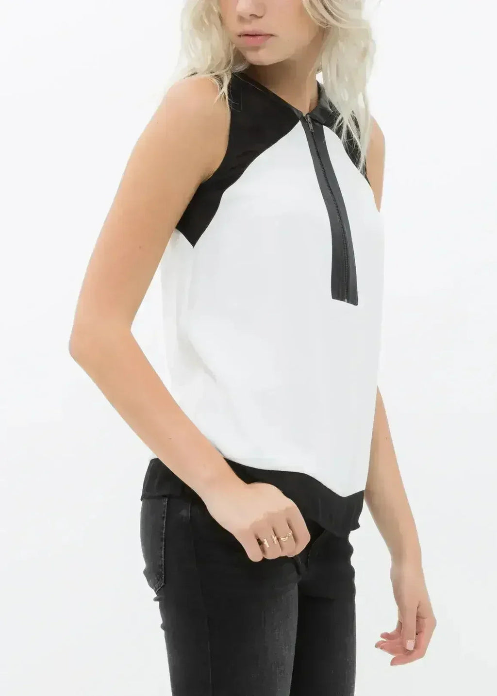 Women's Sleeveless Cut Block Zip Top