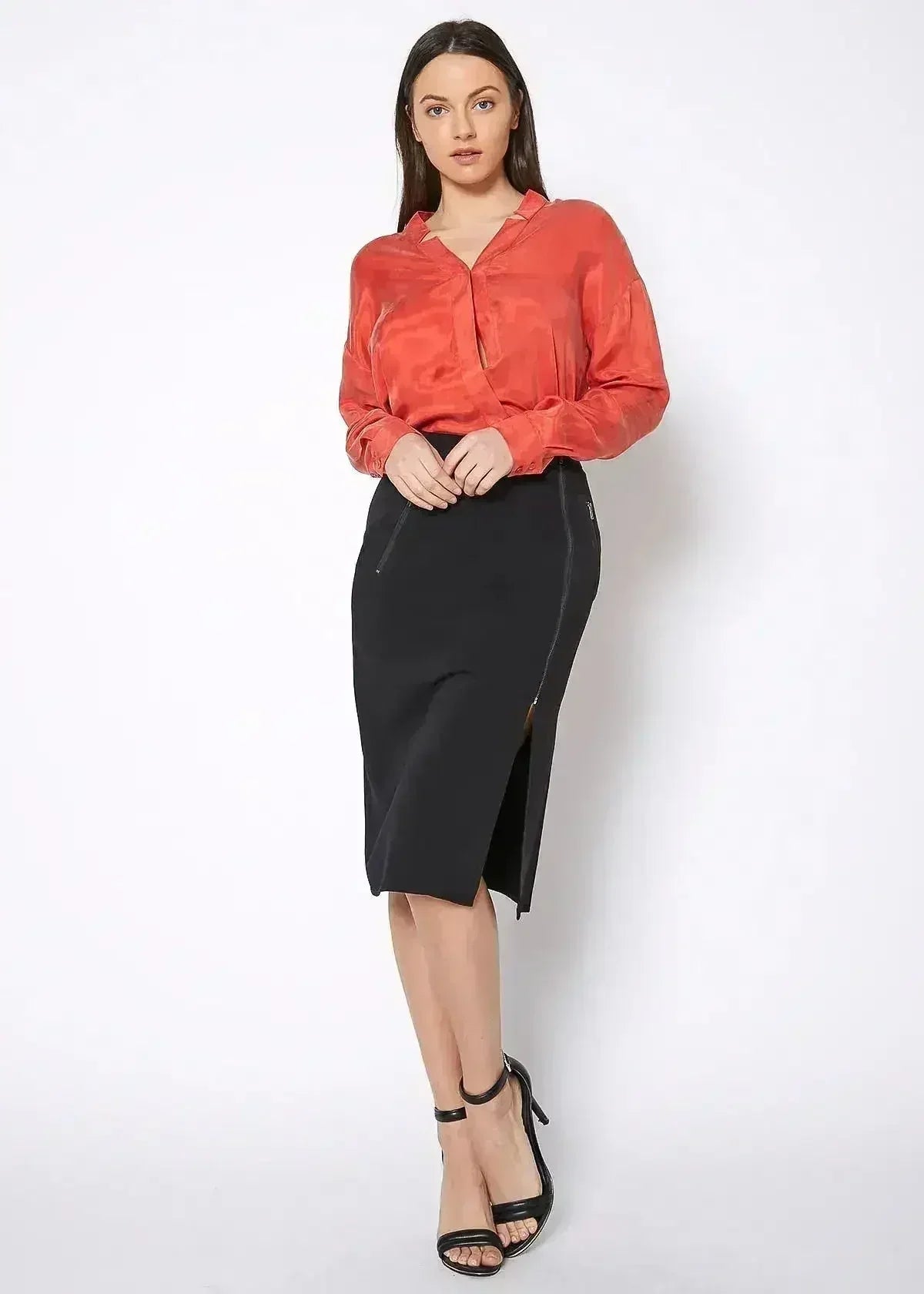 Women's Zip Up Slit Hem Midi Skirt