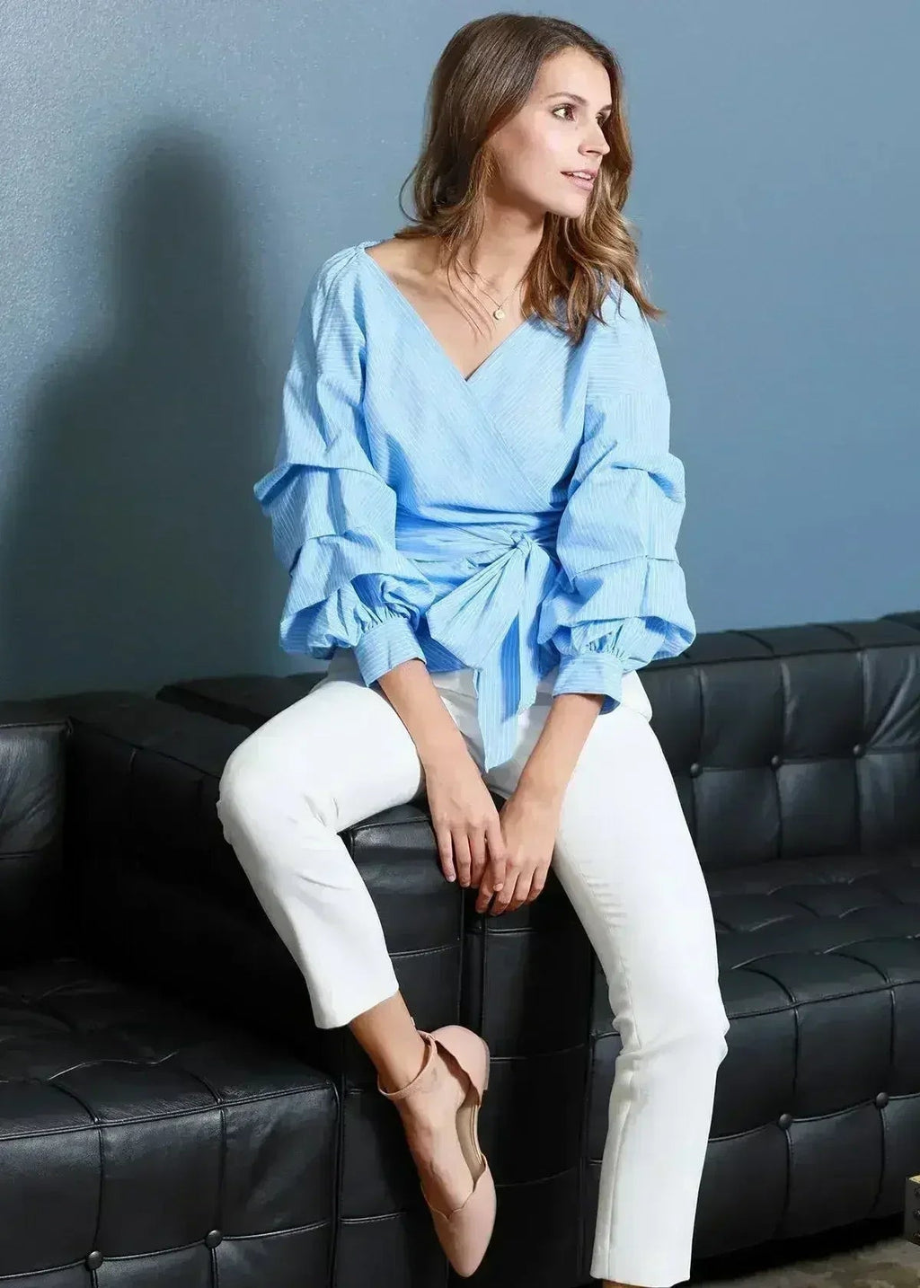 Gathered 3/4 sleeve Wrap Blouse In Blue For Women | Femstylo