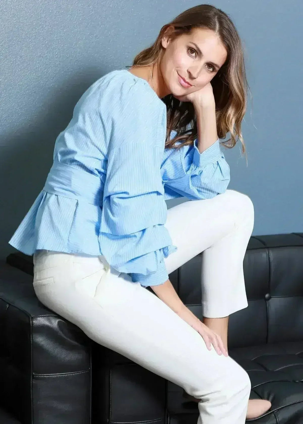 Gathered 3/4 sleeve Wrap Blouse In Blue For Women | Femstylo