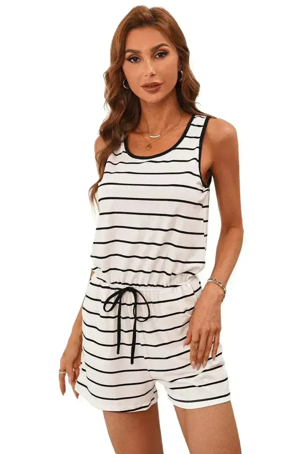 Whit Black Striped Sleeveless Lounging Romper