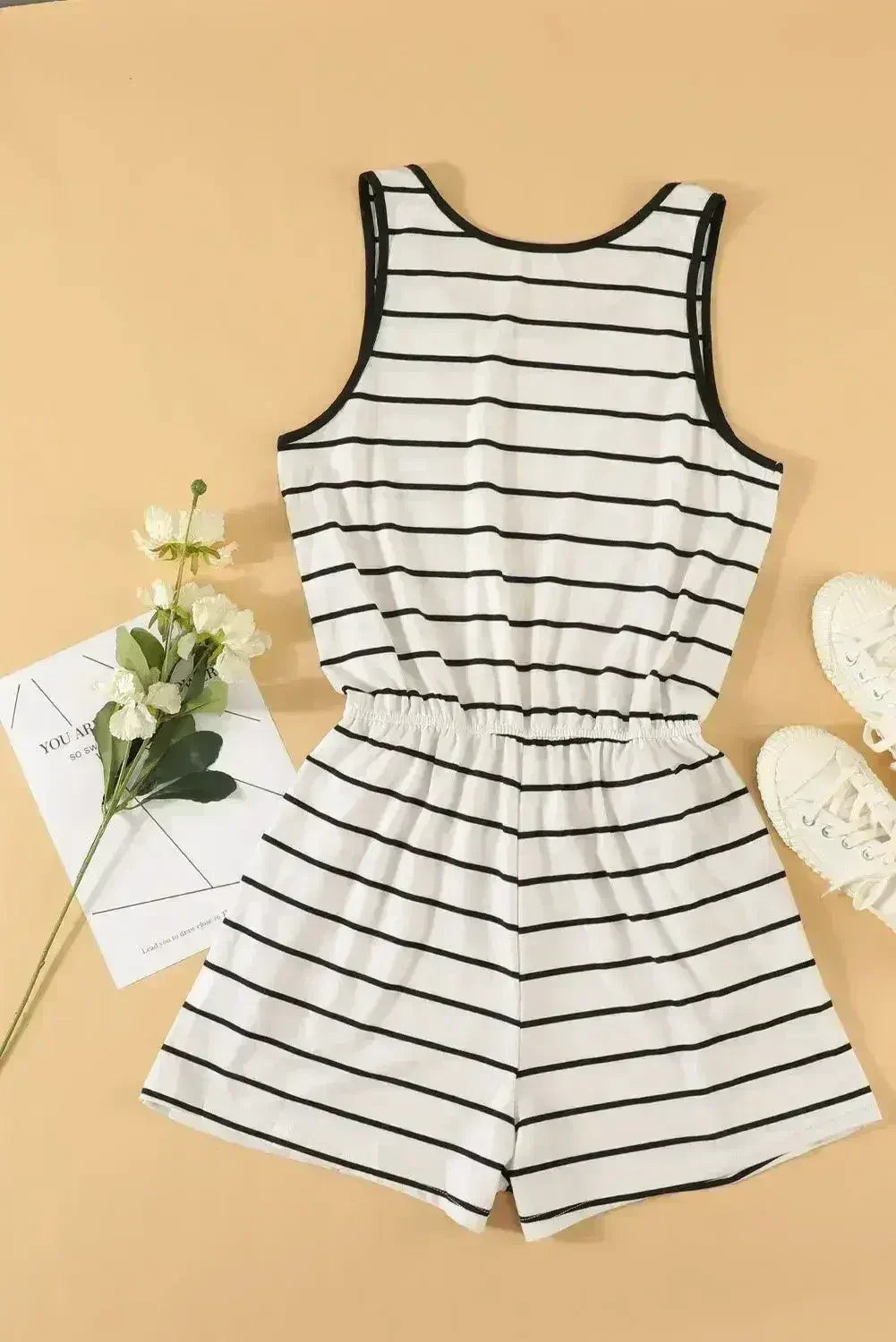 Whit Black Striped Sleeveless Lounging Romper
