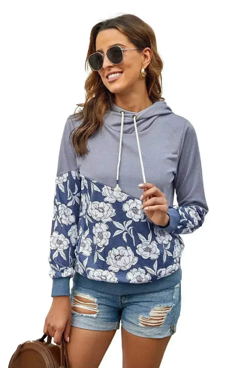 Women's Gray Floral Splicing Cowl Neck Hoodie