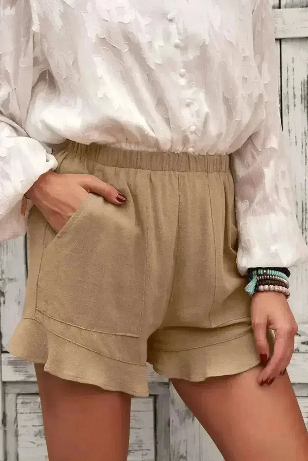 Khaki Flutter Shorts for Women - Summer Pocketed Linen Style