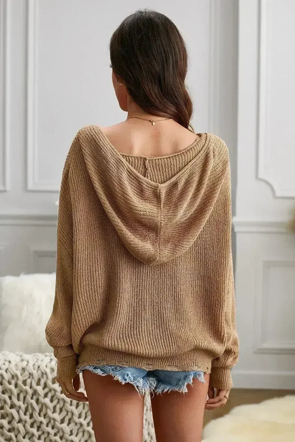 Womens Khaki Zipper V-neck Dropped Sleeve Hooded Sweater