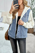 Sky Blue Sherpa Denim Jacket - Button-Up Patchwork Coat | Femstylo
